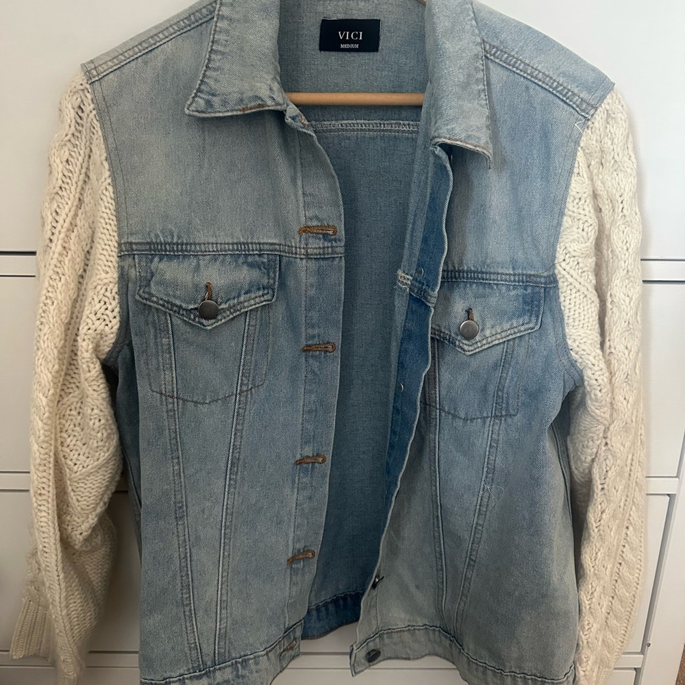 Vici Denim Jacket with Cream Knit Sleeves